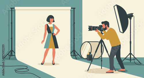  Model Working with Photographer
A flat vector illustration of a model posing while a photographer takes photos. Camera and lighting equipment visible. Flat vector style, professional fashion enviro