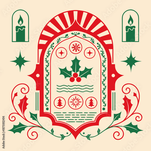 Festive Christmas illustration featuring decorative holly and ornaments in a vibrant red and green color scheme