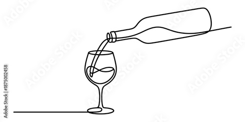 Minimalist continuous line art illustration showing a wine bottle pouring liquid into a single wine glass Vector, illustration