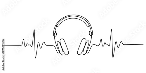 Continuous line art illustration of headphones integrated with heartbeat rhythm Vector, illustration