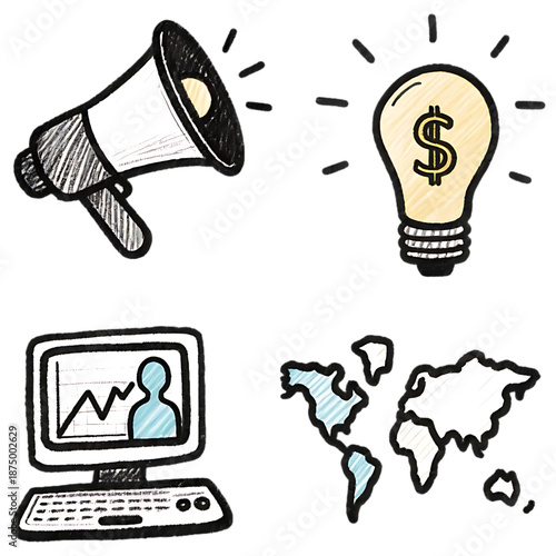 Wallpaper Mural Business concept illustration: Featuring a speaker, light bulb, computer screen and a world map, this illustration captures the essence of global business, innovation, and communication.  Torontodigital.ca