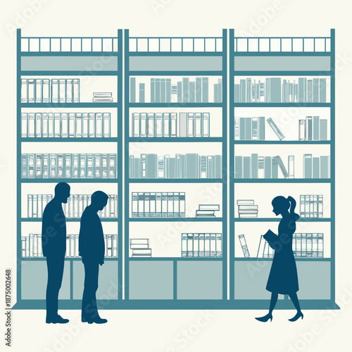 People browsing through books on shelves in a library setting from a frontal viewpoint