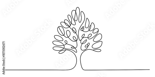 Continuous line drawing of a stylized tree with looped foliage on a white background Vector, illustration