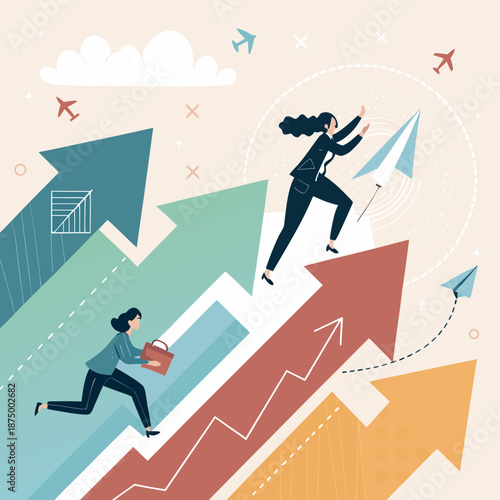Two women running up colorful arrows, symbolizing career growth and success in a modern, uplifting environment.
