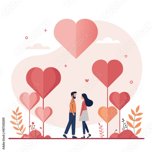 Couple standing together surrounded by hearts in a serene environment