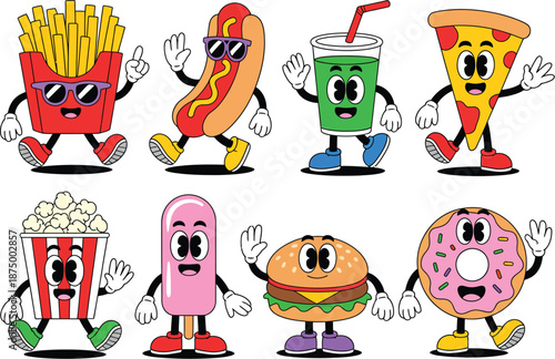 Colorful cartoon food characters dancing and waving
