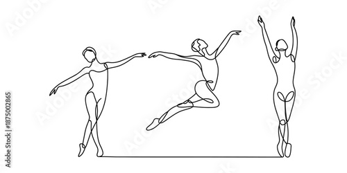 Continuous line art drawing showing three ballet dancers performing different poses Vector, illustration