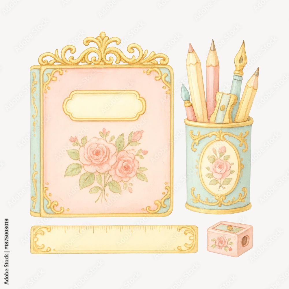 Obraz premium Vintage floral stationery set illustration.
