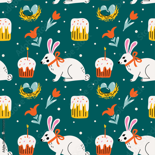 Easter holiday vector seamless pattern design with groovy funky cartoon illustration of white bunny, eggs nest, traditional food, spring flowers, ostara