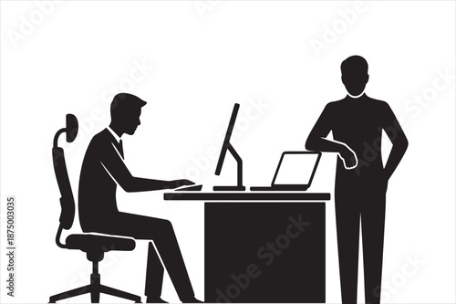 Silhouette of businessman at desk with computer while colleague stands nearby in minimalist office setting, black and white graphic