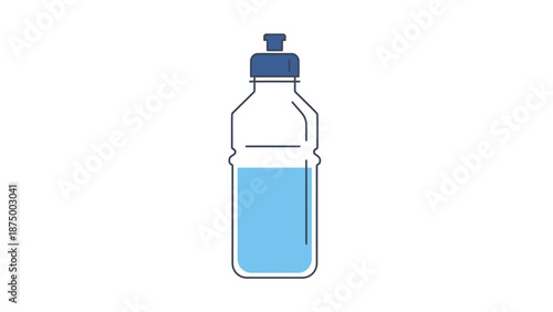 Transparent plastic water bottle with blue cap and partially filled water.