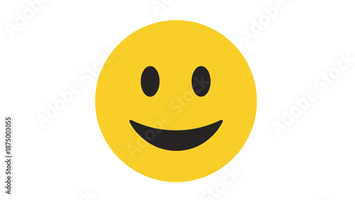 Yellow smiling face emoji with black eyes and mouth on white background.