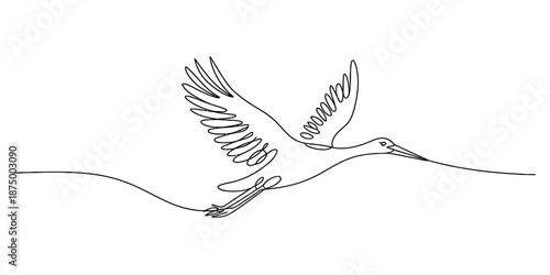 Continuous line drawing of an elegant flying crane or stork symbolizing freedom Vector, illustration