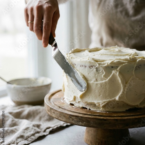 Baker carefully frosts a delicious layered cake with creamy white buttercream using an offset spatula