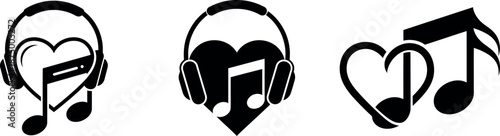 Music love headphones notes silhouette vector illustration set isolated on transparent background