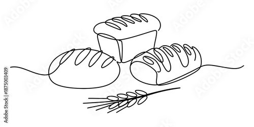 A minimalist continuous line art drawing illustrating various types of fresh bread loaves Vector, illustration