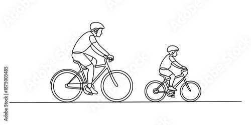 A father and son riding bicycles together in continuous line art Vector, illustration