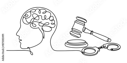 A continuous line art representation of the connection between mind, justice, and crime Vector, illustration