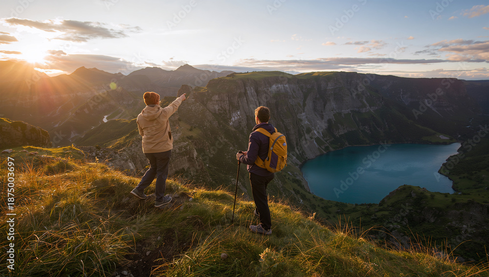 Obraz premium 日本人の登山者が夕方の光に染まる稜線から青い湖の源流を指さす