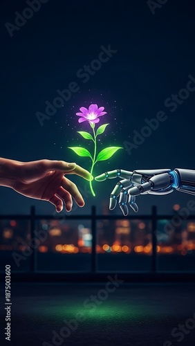 Human and robotic hands holding a glowing purple flower with green leaves