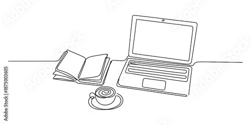 Continuous line art illustration featuring a laptop, open book, and coffee cup for productivity concept Vector, illustration