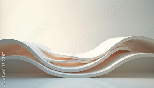 Abstract architectural wave form with soft warm lighting and subtle peach tones creating a serene and modern aesthetic