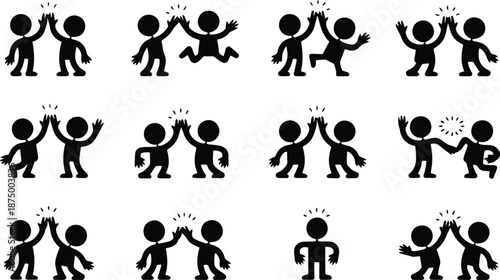 Playful Human Silhouette High Five Pose Set, Flat Vector People Icons for Teamwork, Celebration, Success and Positive Interaction Design