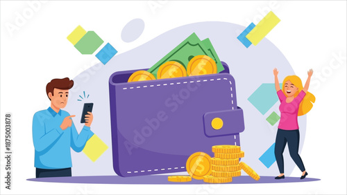 Man and woman with a big wallet and coins. Digital wallet, online payment, and e-transfer vector illustration for web, UI, landing pages, banners, posters, and flyers