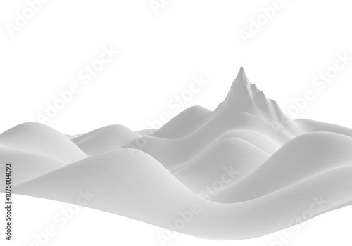 Conceptual 3d render of pristine, undulating snow drifts and a sharp mountain peak, soft studio light revealing sculptural white forms against an infinity background. Concept of minimalist elegance