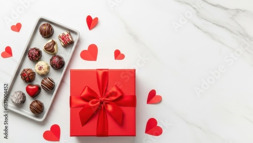 Romantic Valentine's Day gift and chocolate assortment on marble background
