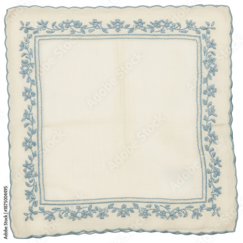 Square white handkerchief with blue floral embroidered border isolated with transparent background