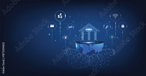 Online banking technology concept.Isometric illustration of bank on globe background. Digital connect system. Financial technology concept.
