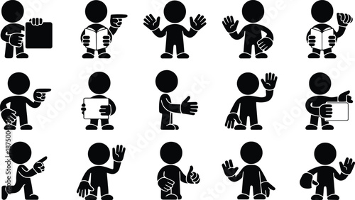 Playful Human Silhouette Teaching Pose Bundle, Flat Vector People Icons for Education, Presentation, Instruction and Knowledge Sharing Illustration