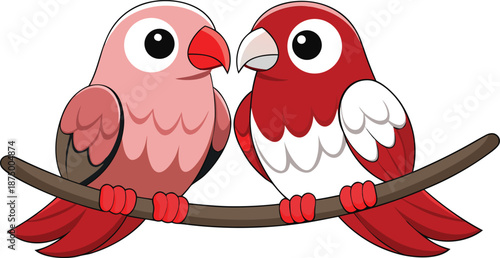 Pair of colorful cartoon parrots sitting on a branch, tropical bird illustration.