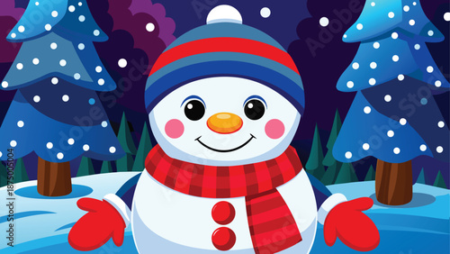  Cute cartoon snowman character with hat and scarf in winter snowy background.