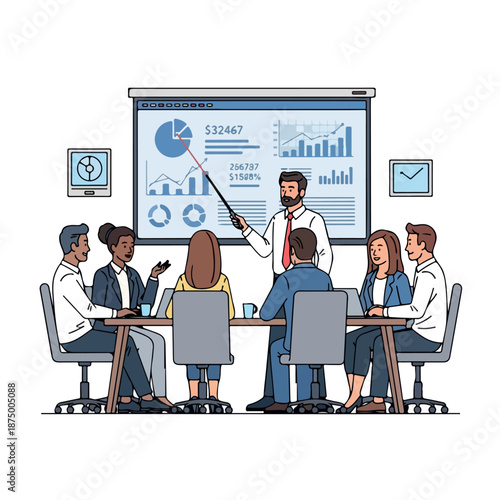 Diverse business team engaged in a meeting with a presenter using a pointer on a screen displaying graphs and charts in a modern office setting with a professional mood.