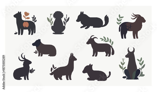 A minimalist vector illustration inspired by Scandinavian folk textiles, featuring abstract rustic shapes, floral ornaments, and animal silhouettes arranged in a repeating folk-style composition. Incl
