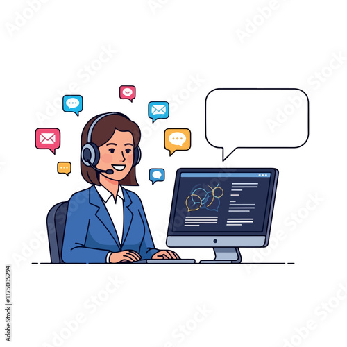 Cartoon illustration of a smiling businesswoman wearing a headset sitting at a computer with chat bubbles around her in a bright and clean environment.