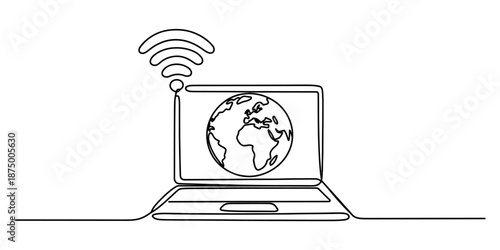 Continuous line art illustration depicting global internet connectivity through a laptop computer Vector, illustration