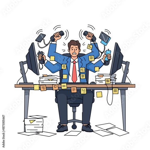 Cartoon illustration of a stressed businessman multitasking with multiple phones and computers at a cluttered desk in a chaotic office environment.