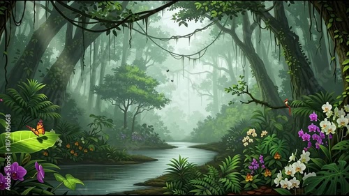 Lush Rainforest Stream Scene with Vibrant Tropical Foliage