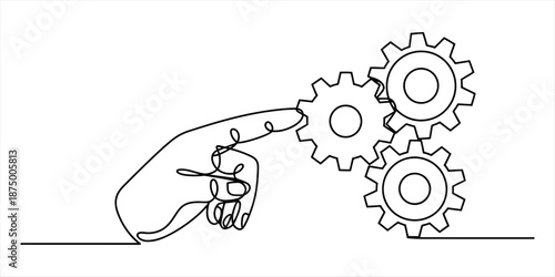 Continuous single line art showing a hand activating an interconnected gear mechanism Vector, illustration