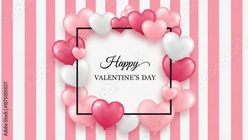 Happy Valentine's Day celebration with pink and white heart balloons