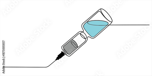 Continuous line art drawing of a syringe and medicine vial for healthcare concept Vector, illustration