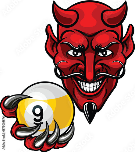 Devil nine ball pool billiards sports mascot holding a 9 ball cartoon illustration