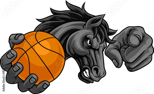 Horse mustang bronco stallion basketball angry sports team mascot holding a ball.