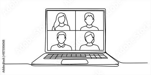 Continuous line drawing of a laptop showing a video conference call with four participants. Vector, illustration