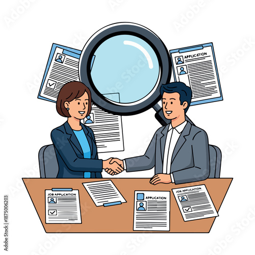 Cartoon illustration of a smiling businesswoman and businessman shaking hands over a desk covered in resumes with a magnifying glass hovering above them against a plain white background.