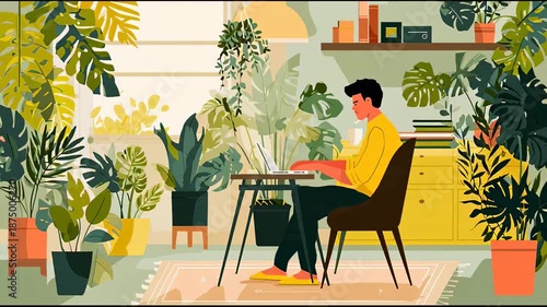 Man Working Remotely in Lush Home Surrounded by Plants