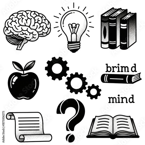 Symbols of Knowledge and Intellect: A collection of symbolic illustrations representing the core elements of learning, discovery, and the pursuit of knowledge.